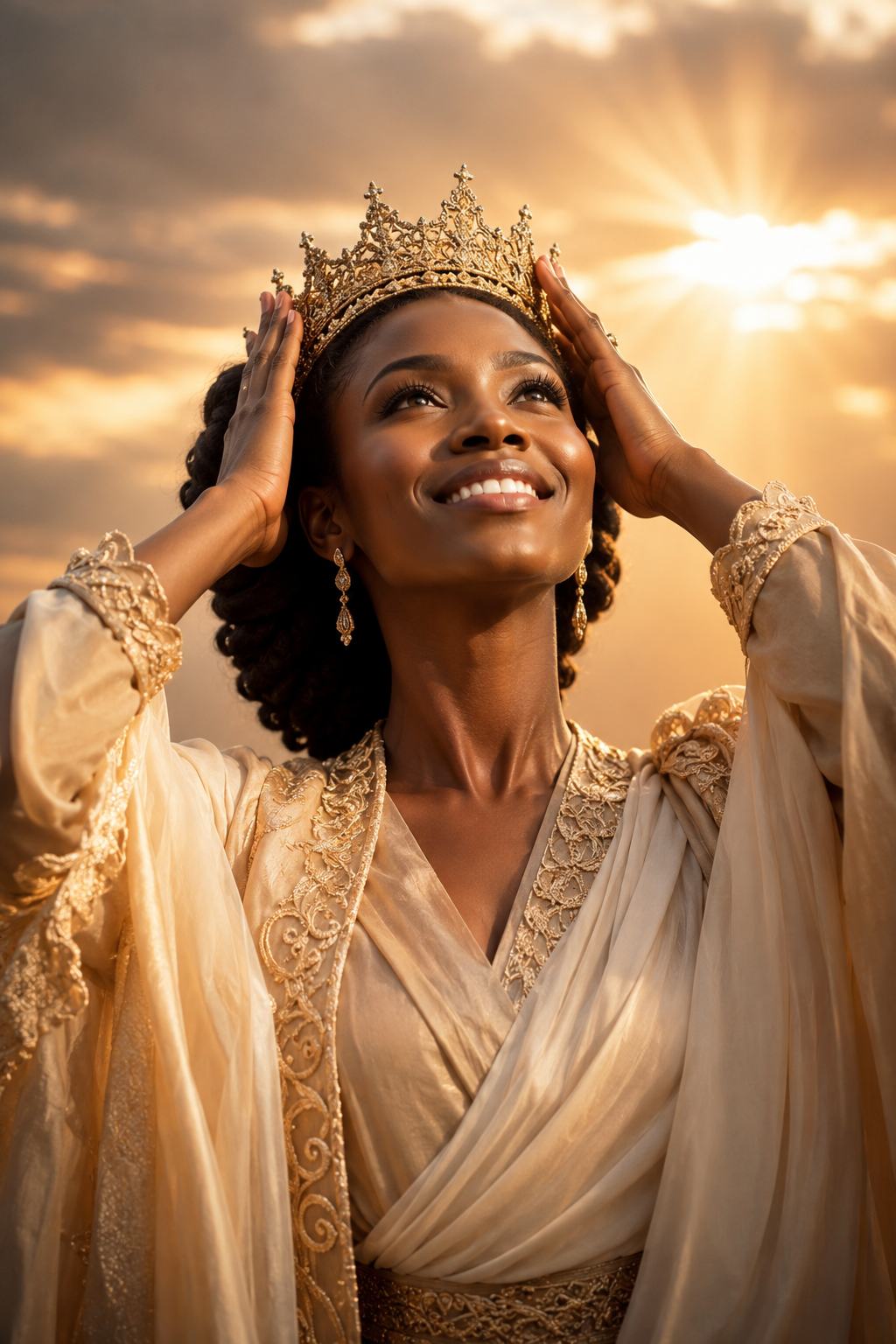 A woman crowned, looking heavenward, awakened to her God-given identity and assignment